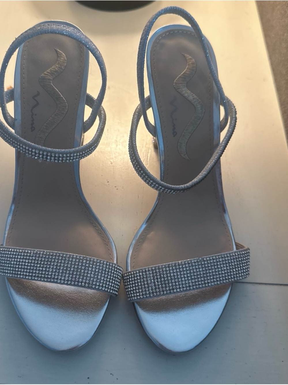 Nina Silver Crystal-Strap Open-Toe Heels